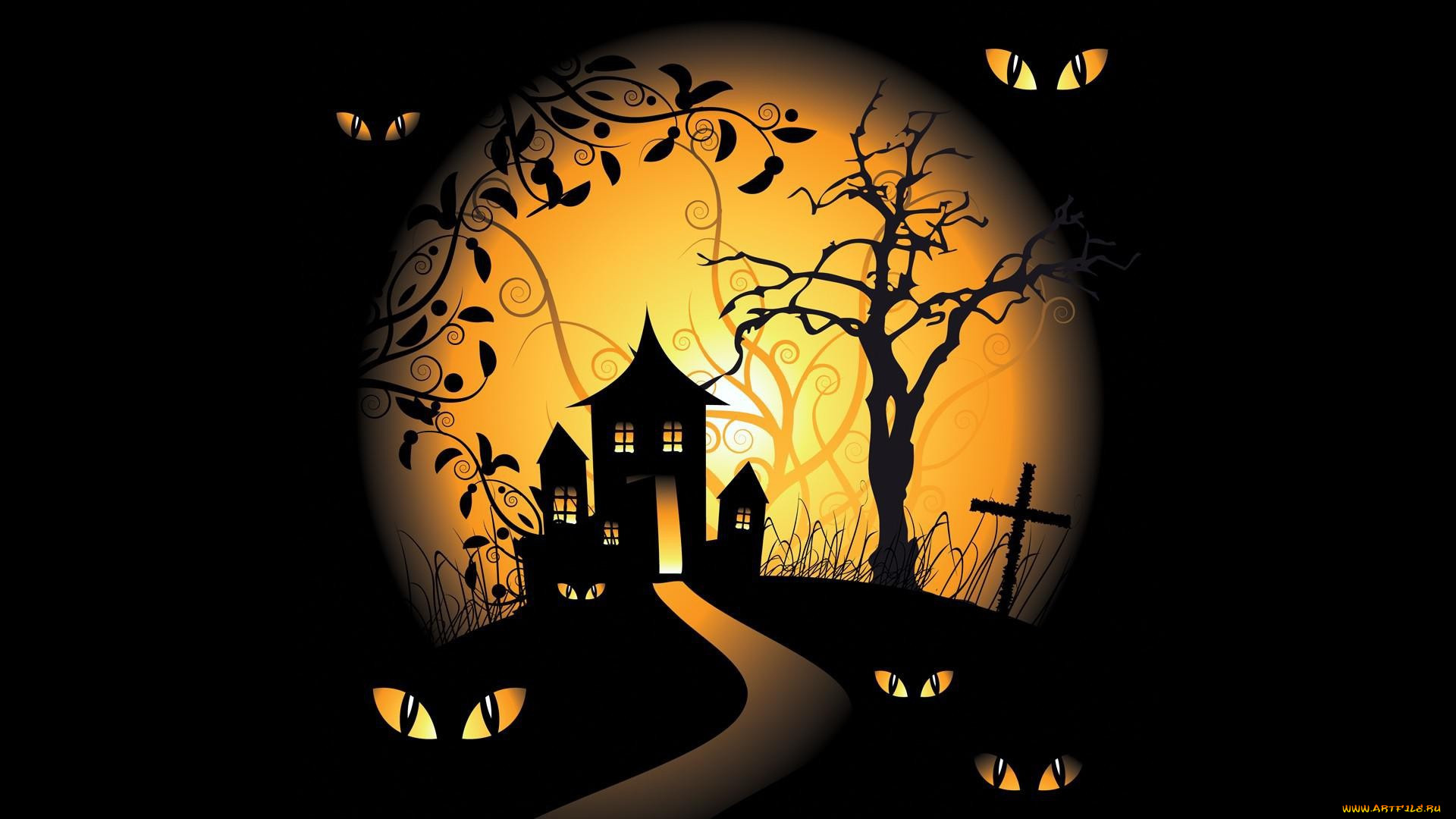 , , trees, eyes, moon, halloween, spooky, graveyards, scary, house, holiday, black, background, vector, art